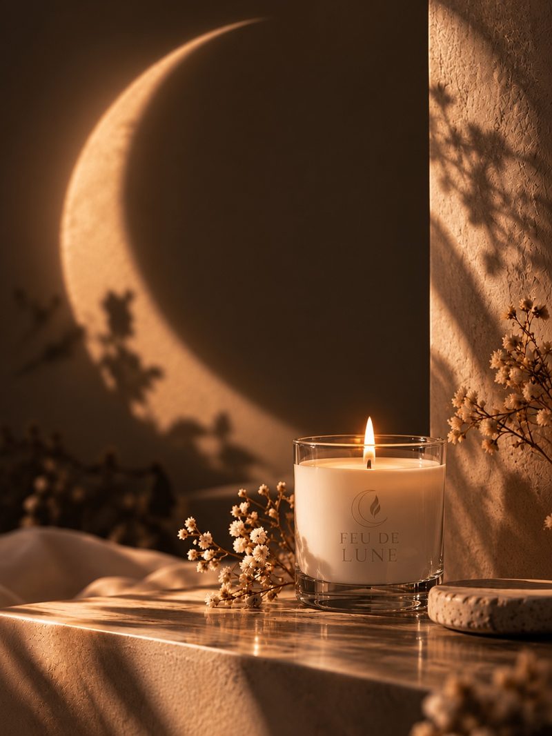 A crescent moon glowing behind a hand-poured Feu de Lune candle glowing in warm evening light, with dried gypsophila
